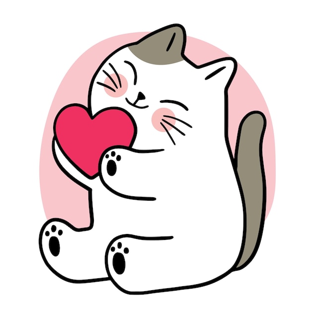 만화 귀여운 고양이와 큰 심장 벡터