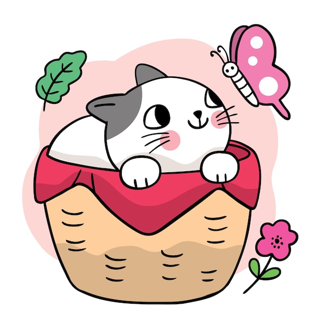 Cartoon cute cat in basket and butterfly vector