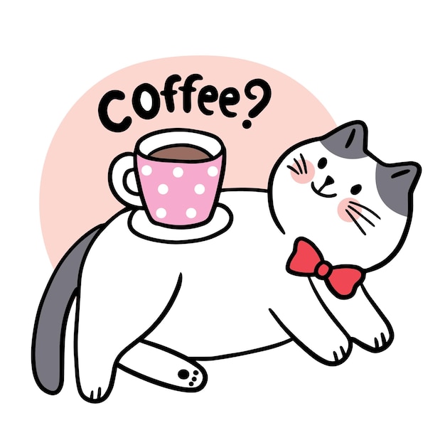 만화 귀여운 고양이와 컵 커피 벡터