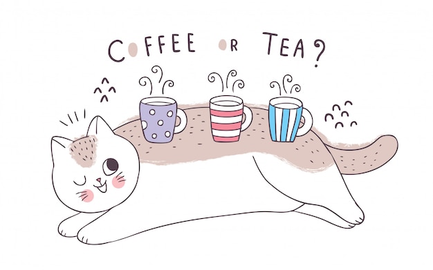 Cartoon cute cat and cups coffee and tea