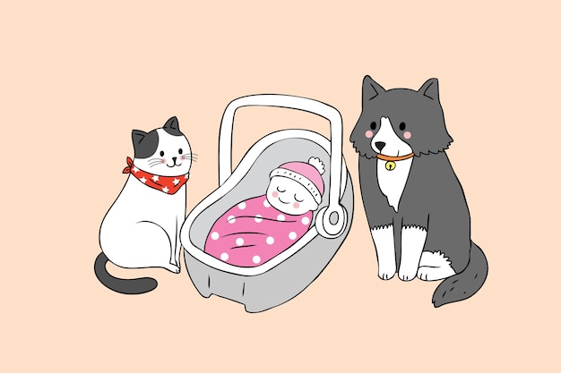 漫画かわいい猫と犬と赤ちゃんのベクトル。