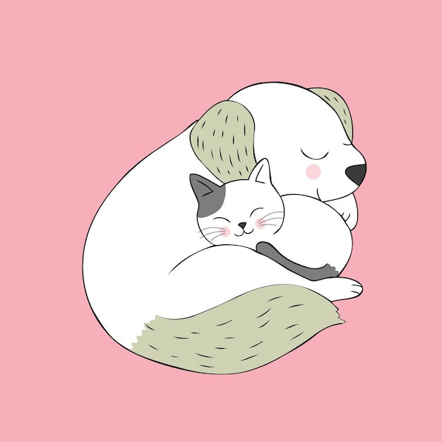 Cartoon cute cat and dog sleeping vector.