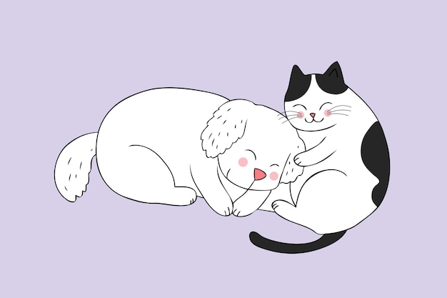 Cartoon cute cat and dog sleeping vector.