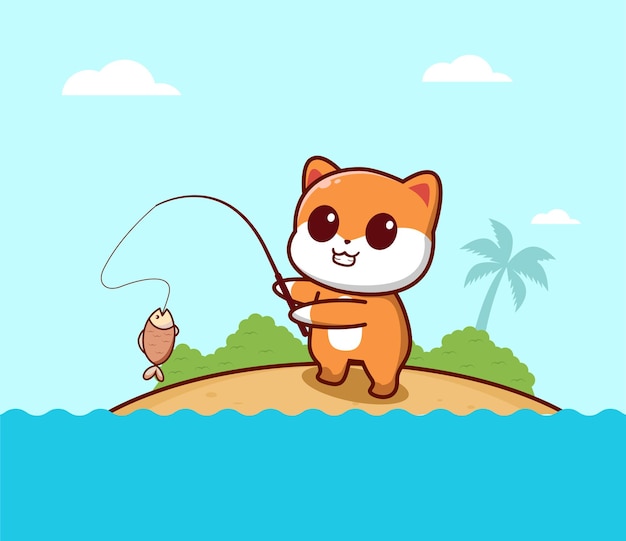Мультяшный милый кот на рыбалке в море
