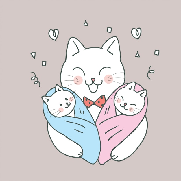 Cartoon cute cat mom and baby