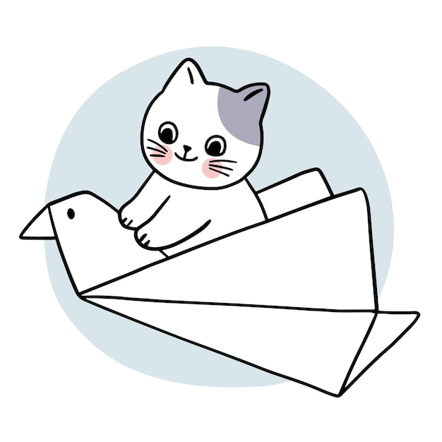 漫画かわいい猫と紙の鳥のベクトル