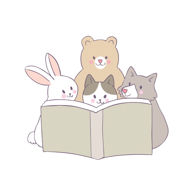 Cartone animato carino gatto e coniglio e cane e orso lettura libro vettoriale.