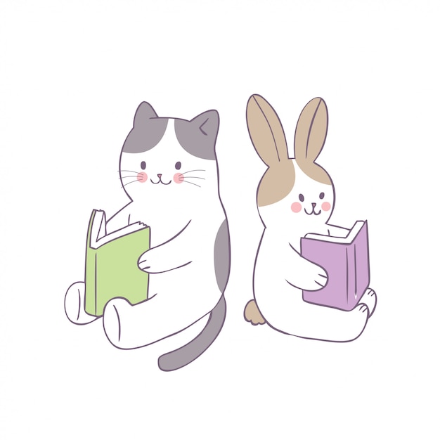 漫画かわいい猫とウサギの本のベクトルを読みます。