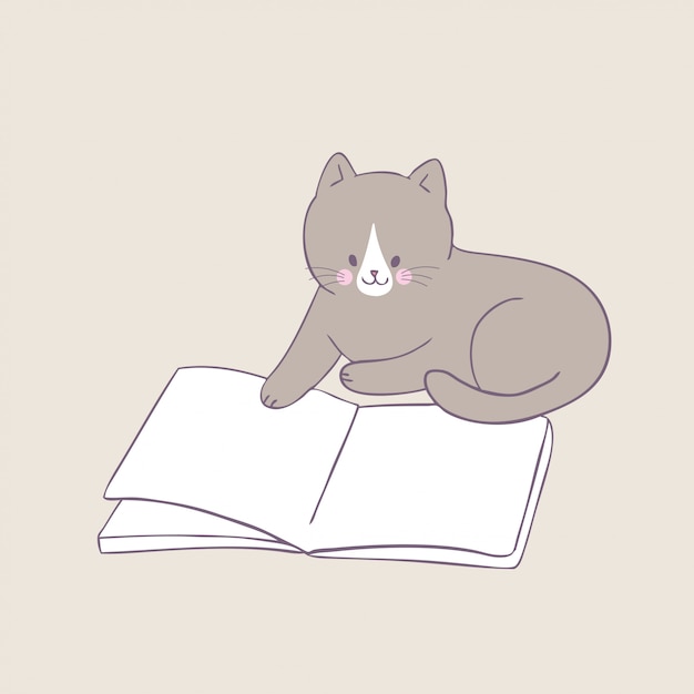 Cartoon cute cat reading book vector.