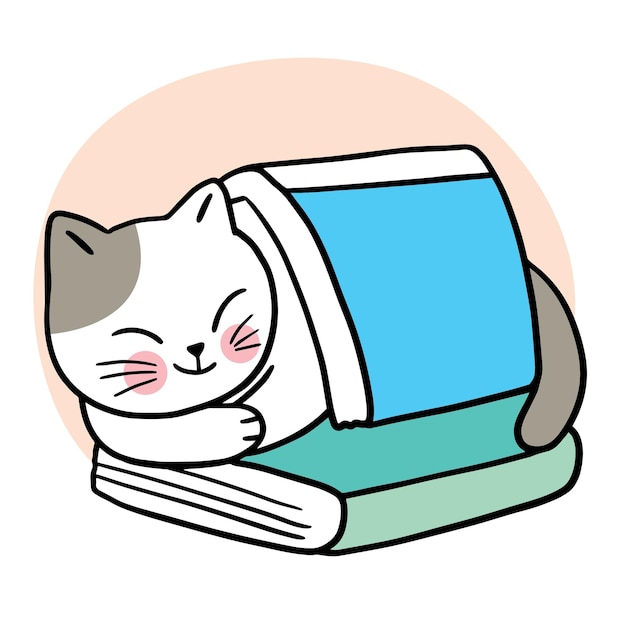 Gatto sveglio del fumetto che dorme nel vettore dei libri