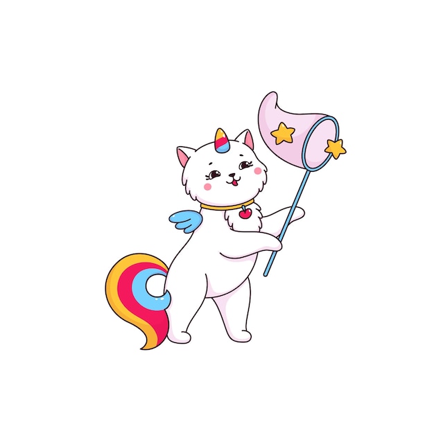 Cartoon simpatico personaggio di caticorn che cattura le stelle