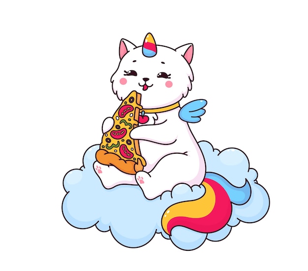 Cartoon cute caticorn character eating pizza