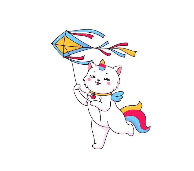 Cartoon cute caticorn character flying a kite