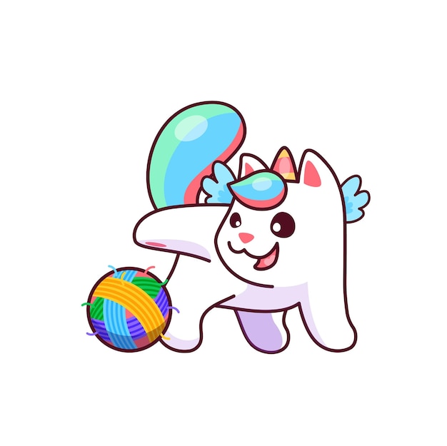 Cartoon cute caticorn character playing with clew