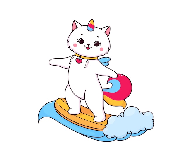 Cartoon cute caticorn surfing on sky clouds