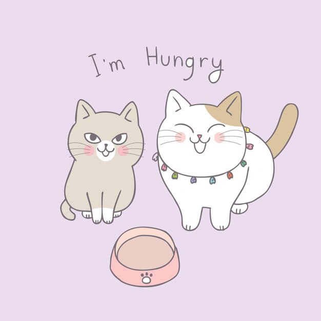 Cartoon cute cats hungry.