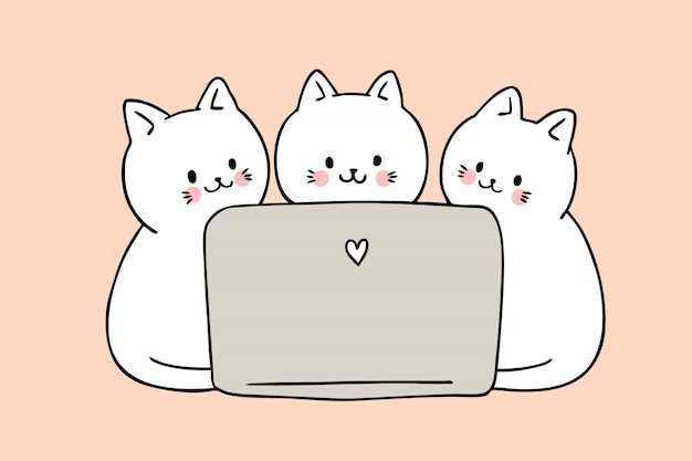 Cartoon cute cats playing computer vector.