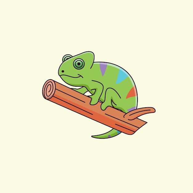 Cartoon cute chameleon on a branch animal illustration