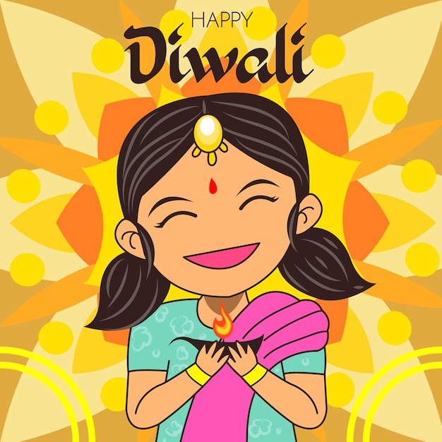 Vector cartoon cute character little girl celebrating diwali day