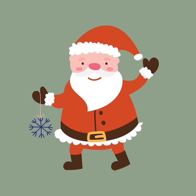 Cartoon cute character santa claus in a red suit carries a snowflake toy. happy new year