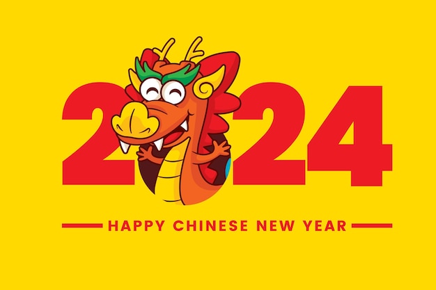 Vector cartoon cute chinese dragon zodiac greeting chinese new year 2024 on yellow background