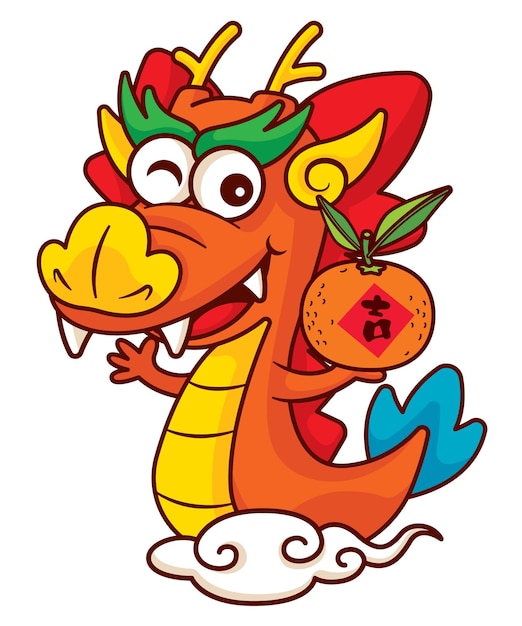 Vector cartoon cute chinese dragon zodiac holding tangerine orange and riding on cloud character vector