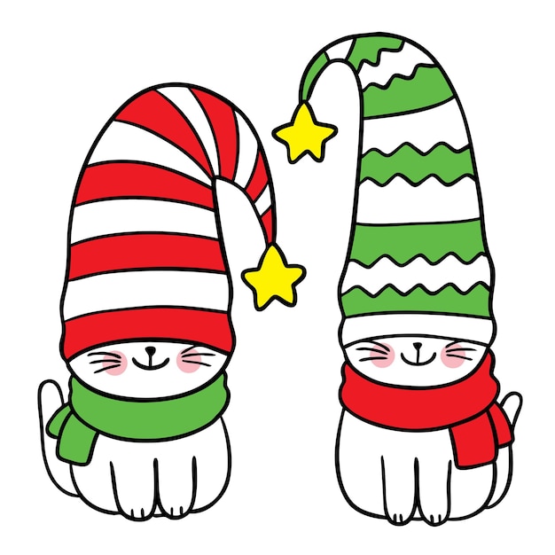 Gnome帽子ベクトルの漫画かわいいクリスマスと新年あけましておめでとうございます猫