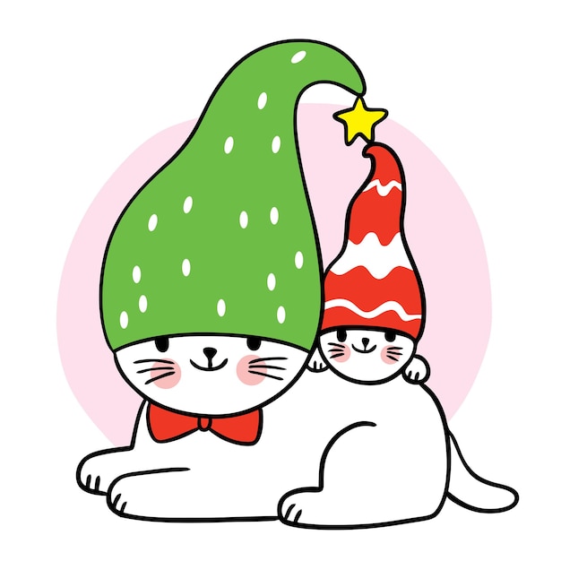 漫画かわいいクリスマスと新年あけましておめでとうございますママとbabycatとgnome帽子ベクトル