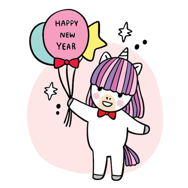 漫画かわいいクリスマスと新年あけましておめでとうございますユニコーンと猫とノームの帽子のベクトル