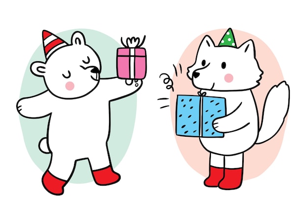 漫画かわいいクリスマスと新年のクマとキツネとプレゼントのベクトル