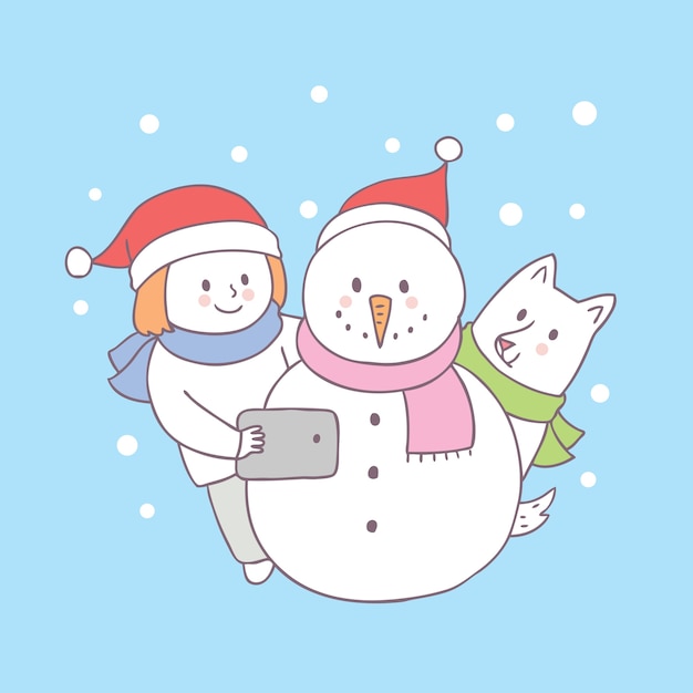 ベクトル 漫画かわいいクリスマスの少年と犬selfie雪だるまベクトル。