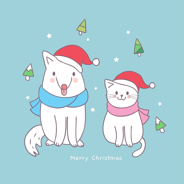 漫画かわいいクリスマスの猫と犬のベクトル。