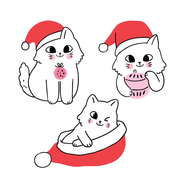 漫画のかわいいクリスマス猫とサンタ帽子。