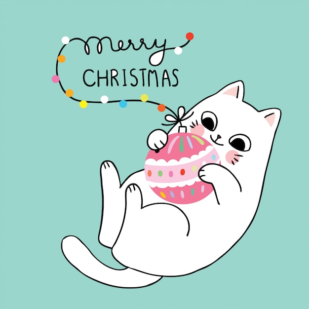 Cartoon cute christmas  cat playing ball ornaments .