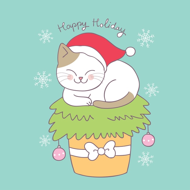 Cartoon cute Christmas cat and tree vector.