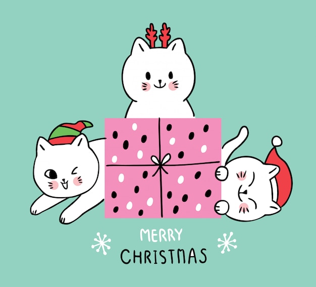 漫画のかわいいクリスマス猫とギフト。