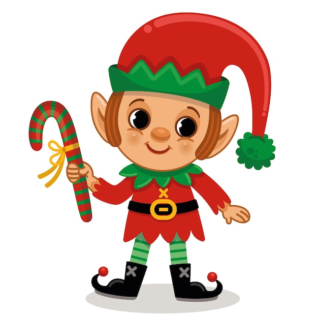 Vector cartoon cute christmas elf presenting a candy cane vector illustration