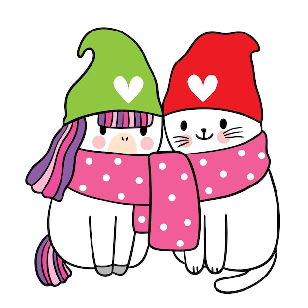 Cartoon cute christmas and happy new year cat and unicorn and cat in scarf vector