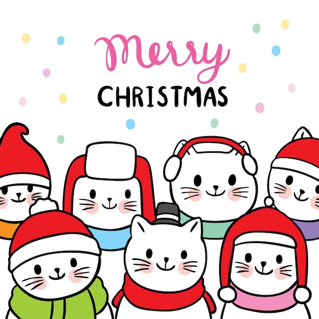 Cartoon cute christmas and happy new year cats in hat vector