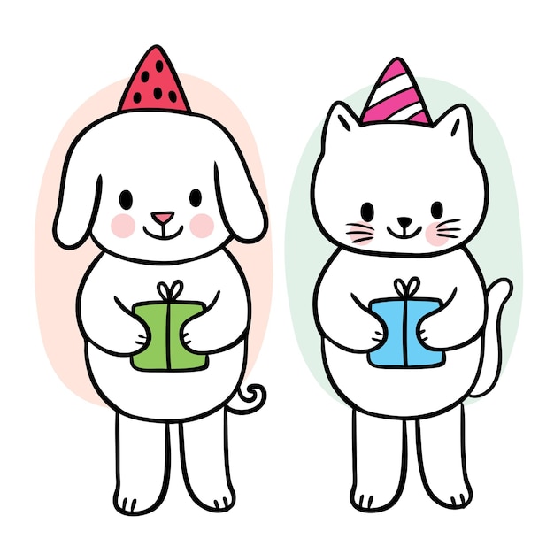 漫画かわいいクリスマスと新年の犬と猫とプレゼントのベクトル