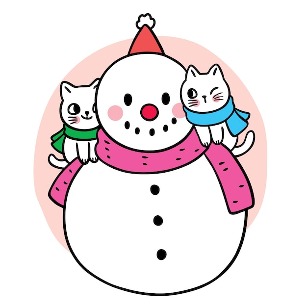 Cartoon carino natale e capodanno pupazzo di neve e gatti vettore