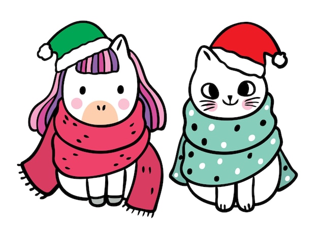 漫画かわいいクリスマスと新年のユニコーンと猫のベクトル