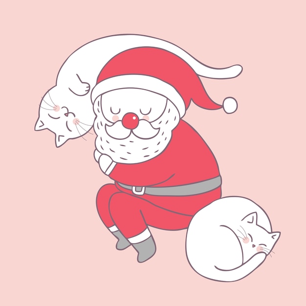 Cartoon cute christmas santa claus and cats sleeping vector.