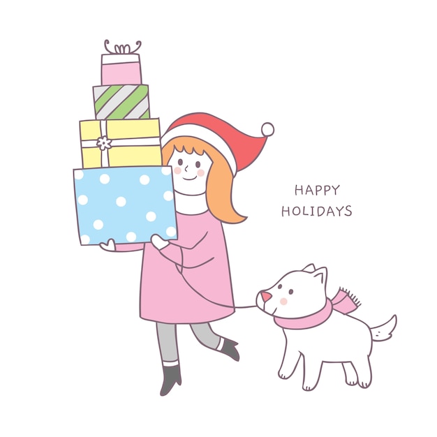 漫画かわいいクリスマスの女性と犬の買い物ベクトル。