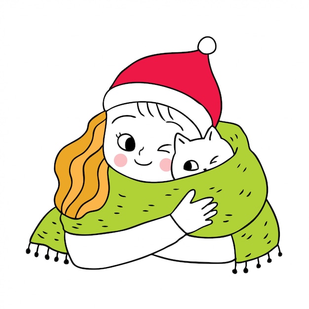 Cartoon cute christmas woman hugging cat .