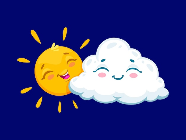 Cartoon cute cloud and sun weather characters vector playful white fluffy cloud with smiling face and yellow solar personages with happy expression forecast balance between sunny and cloudy days