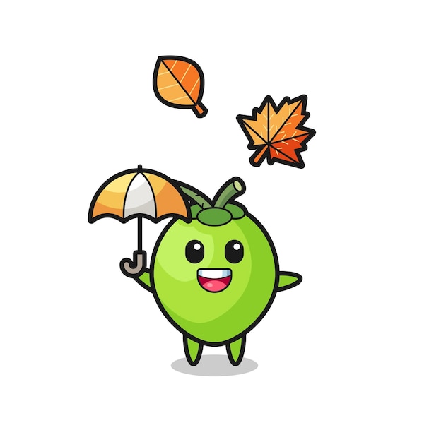 Cartoon of the cute coconut holding an umbrella in autumn