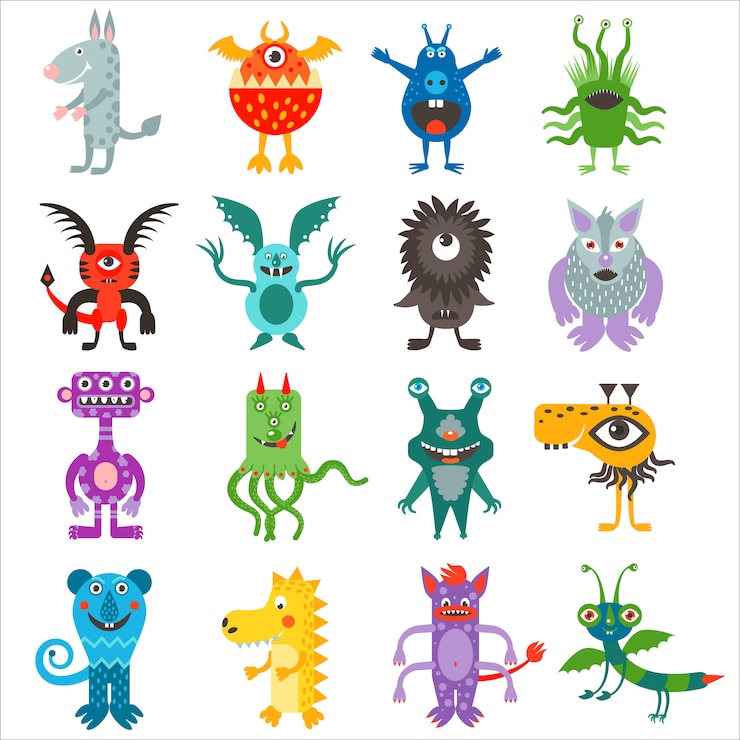 Vector cartoon cute color monsters aliens collection.