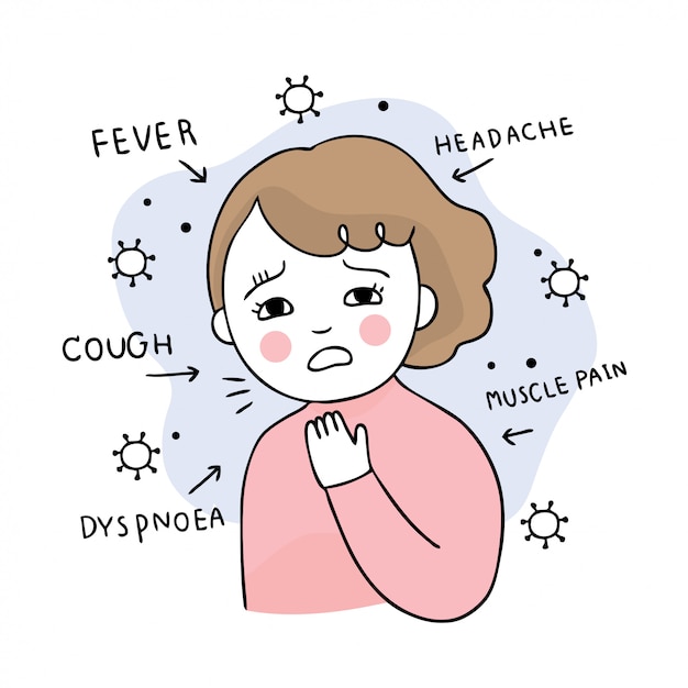 Cartoon cute coronavirus, covid-19, woman sickness and  fever and cough .