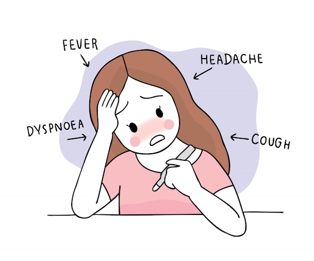 Cartoon cute coronavirus, covid-19, woman sickness and  fever